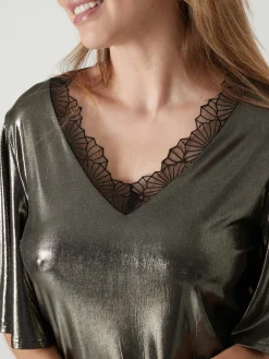 Femme Daxon Tee-shirt brillant avec dentelle