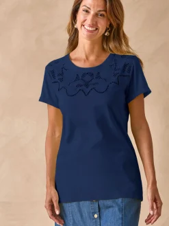 Femme Daxon Tee-shirt coton à broderies ajourées