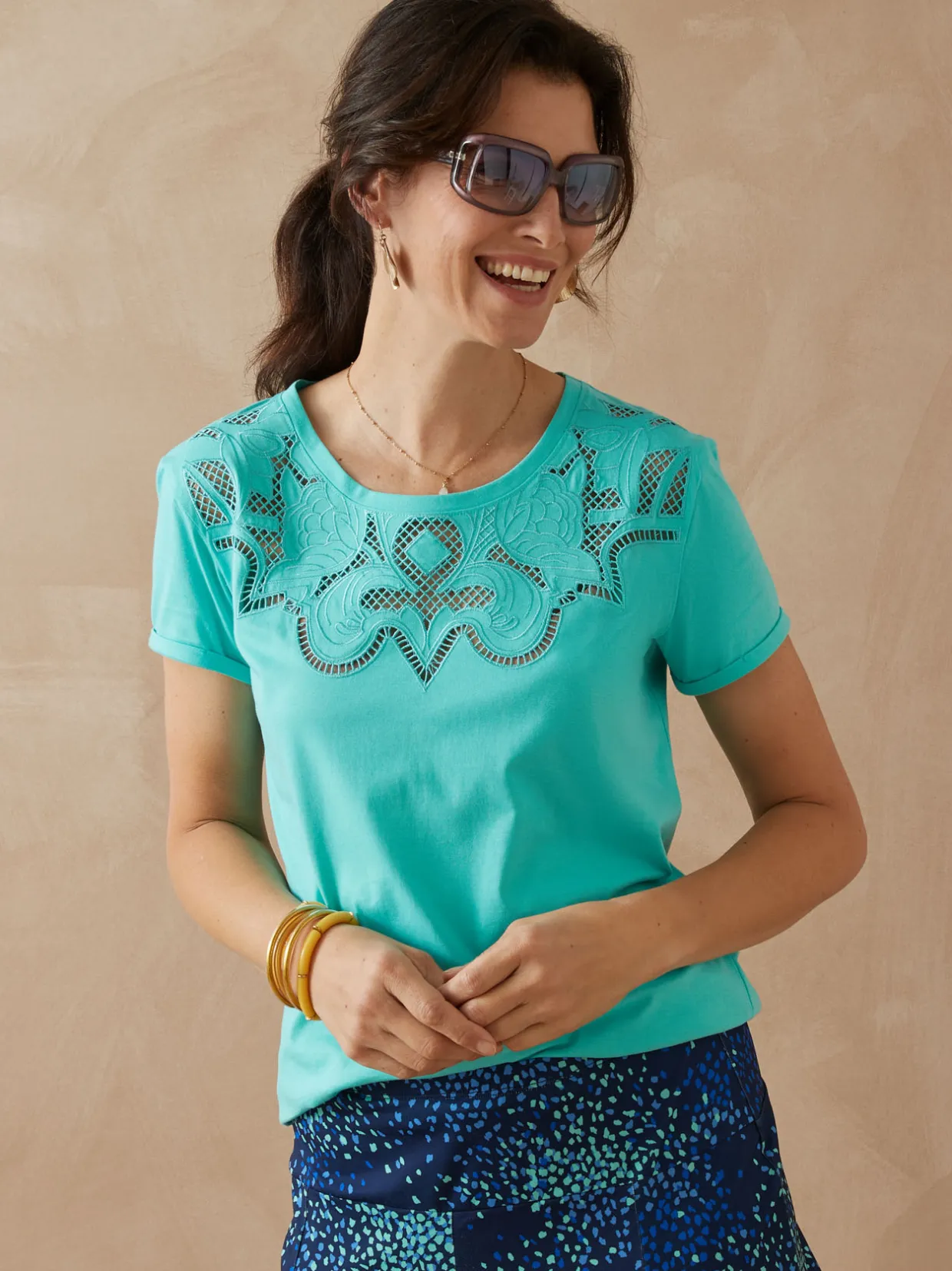 Femme Daxon Tee-shirt coton à broderies ajourées